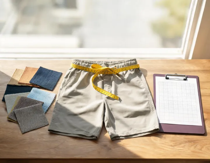 Board-short fabric and measurement brief on a worktable